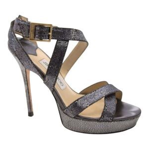 Jimmy Choo Vamp Metallic Silver & Black Platform Heel Sandals Size EU 38.5